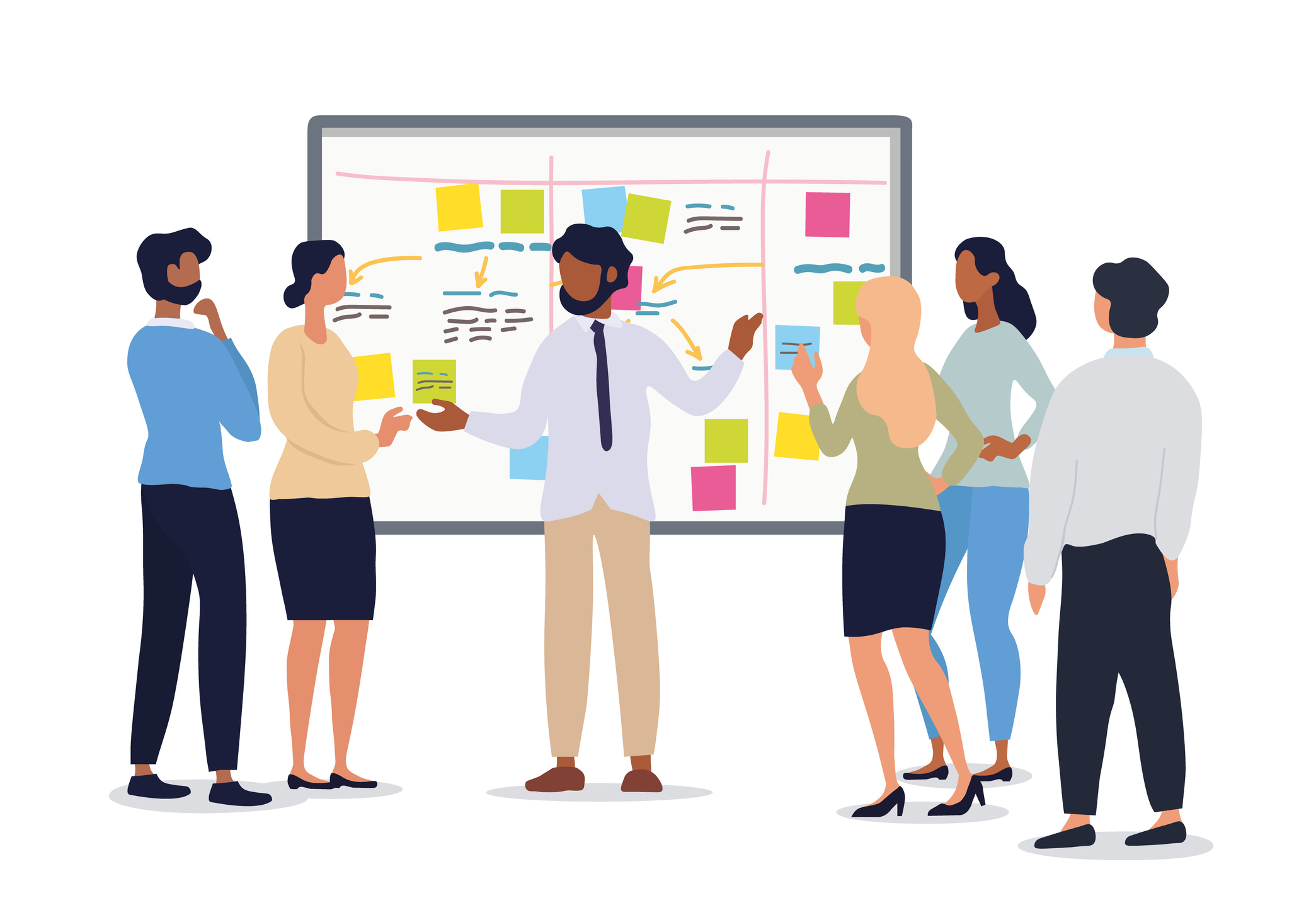 Business or team leader holding a meeting with his team discussing a chart with a group of diverse people, colored vector illustration